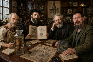 The author talking to Plinius, Conrad Gesner and Jules Verne.