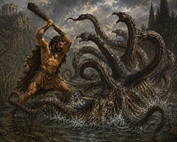Heracles fighting against the Lernaean Hydra